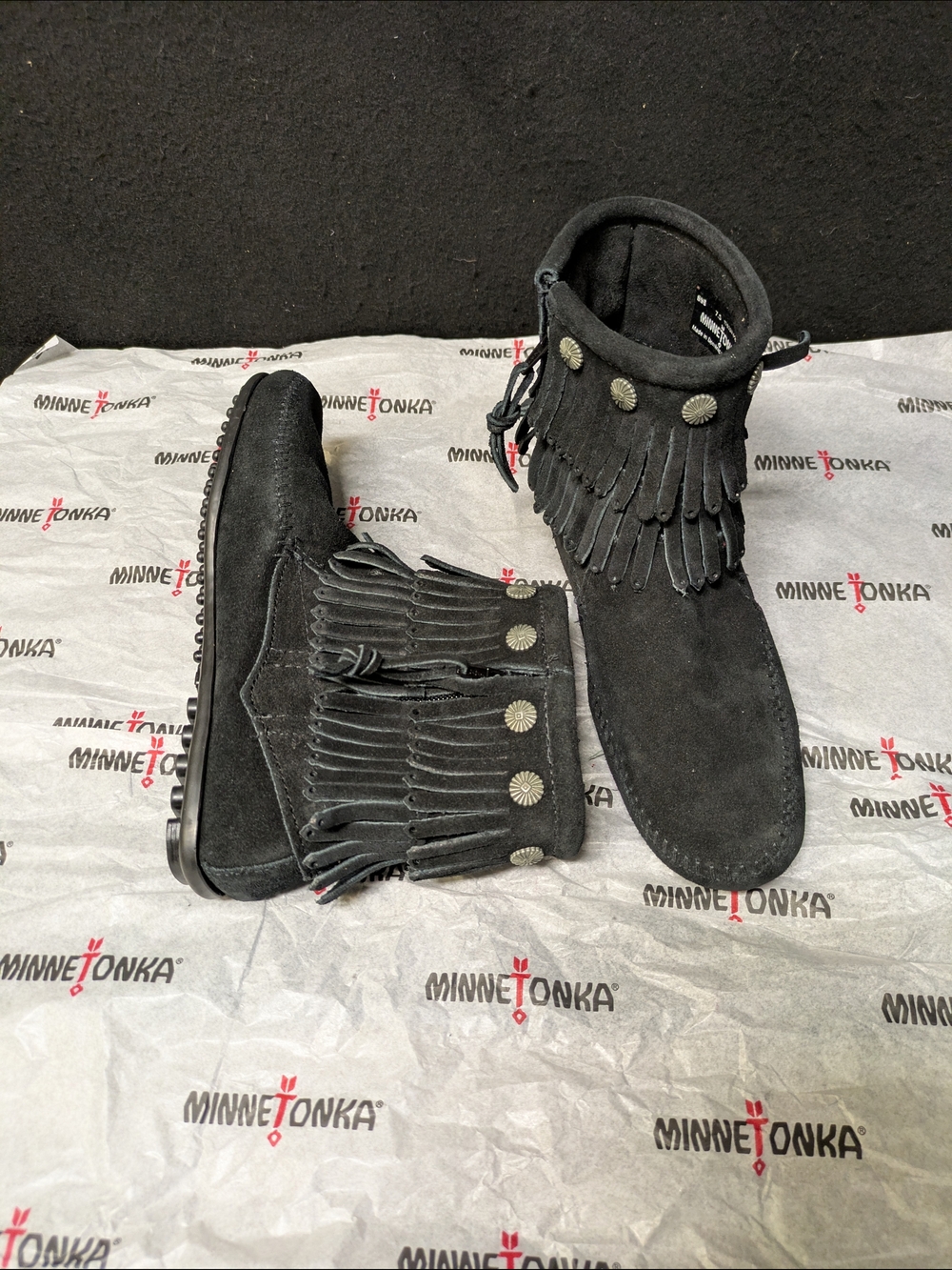 Minnetonka Black Suede Fringe Ankle Boots - Picture 4 of 7